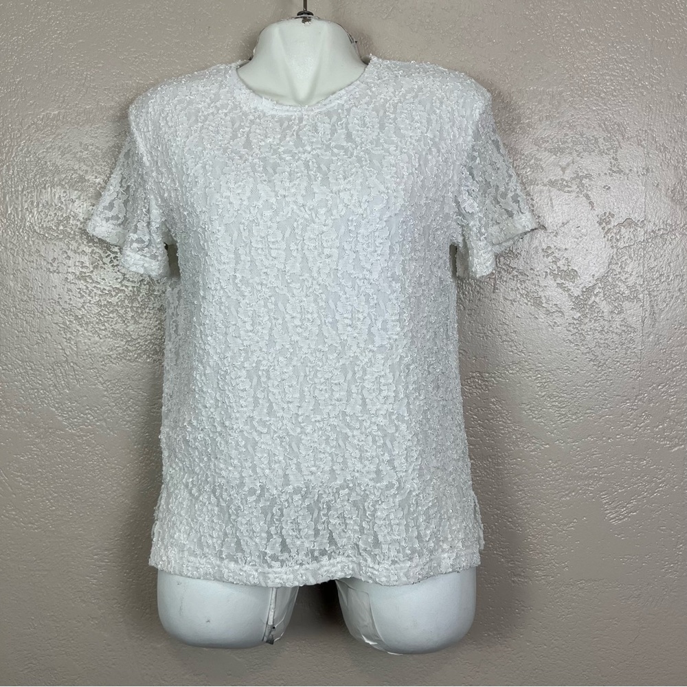 Vintage women short sleeve lace floral white‎ blouse size M